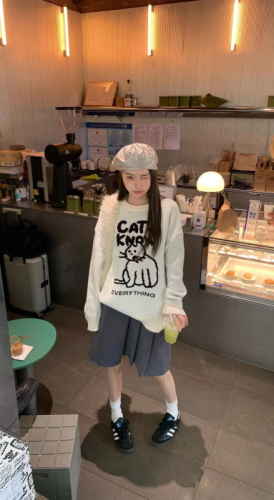 Actual shot~Autumn and winter hand-painted cat sweater loose casual velvet round neck sweater