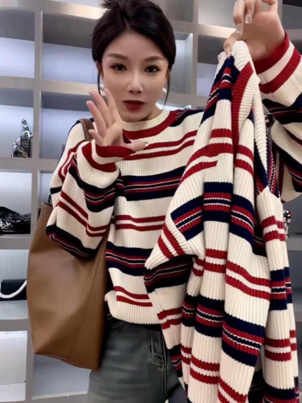 歐貨大版圓領撞色條紋毛衣女2023秋冬新款笑臉寬鬆慵懶風針織上衣