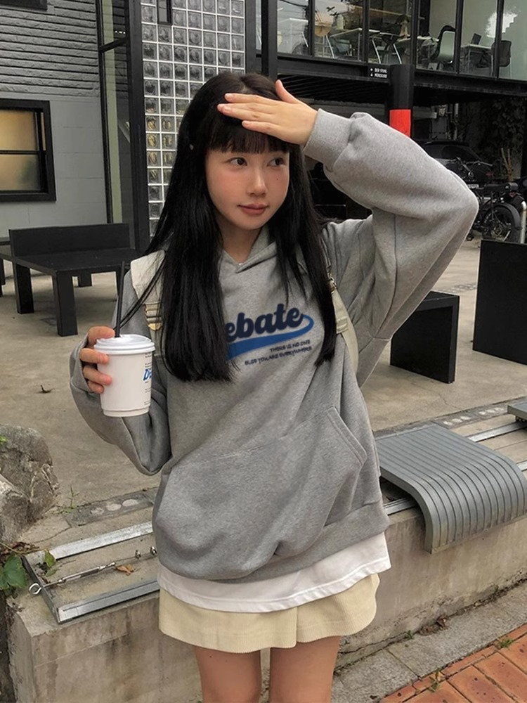 韓系oversize灰色衛衣女秋冬款2023新款連帽上衣純棉加絨外套