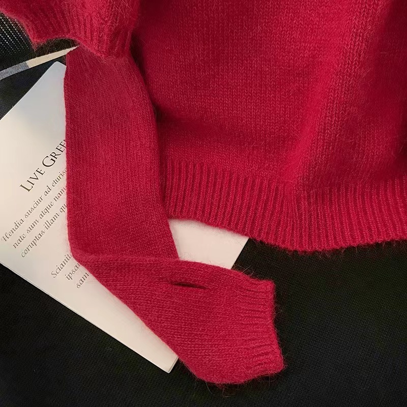 紅色袖套毛衣女2023秋冬高級感別致短款上衣內搭打底泡泡袖針織衫