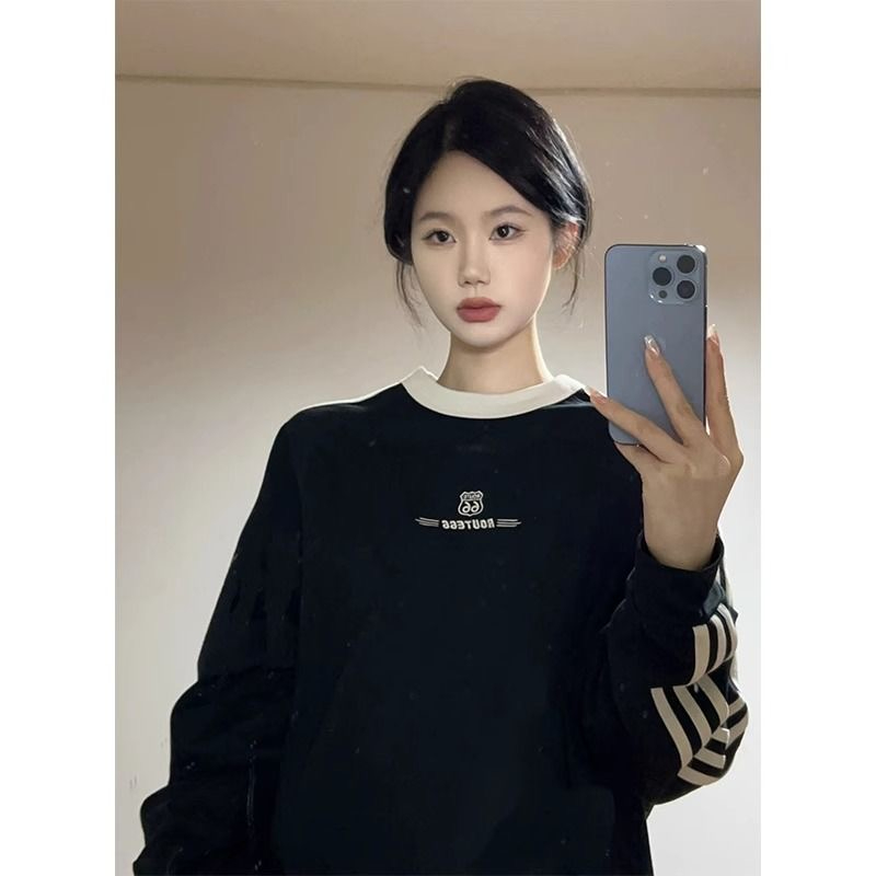 美式復古三槓無帽衛衣女春秋寬鬆百搭慵懶chic插肩長袖上衣