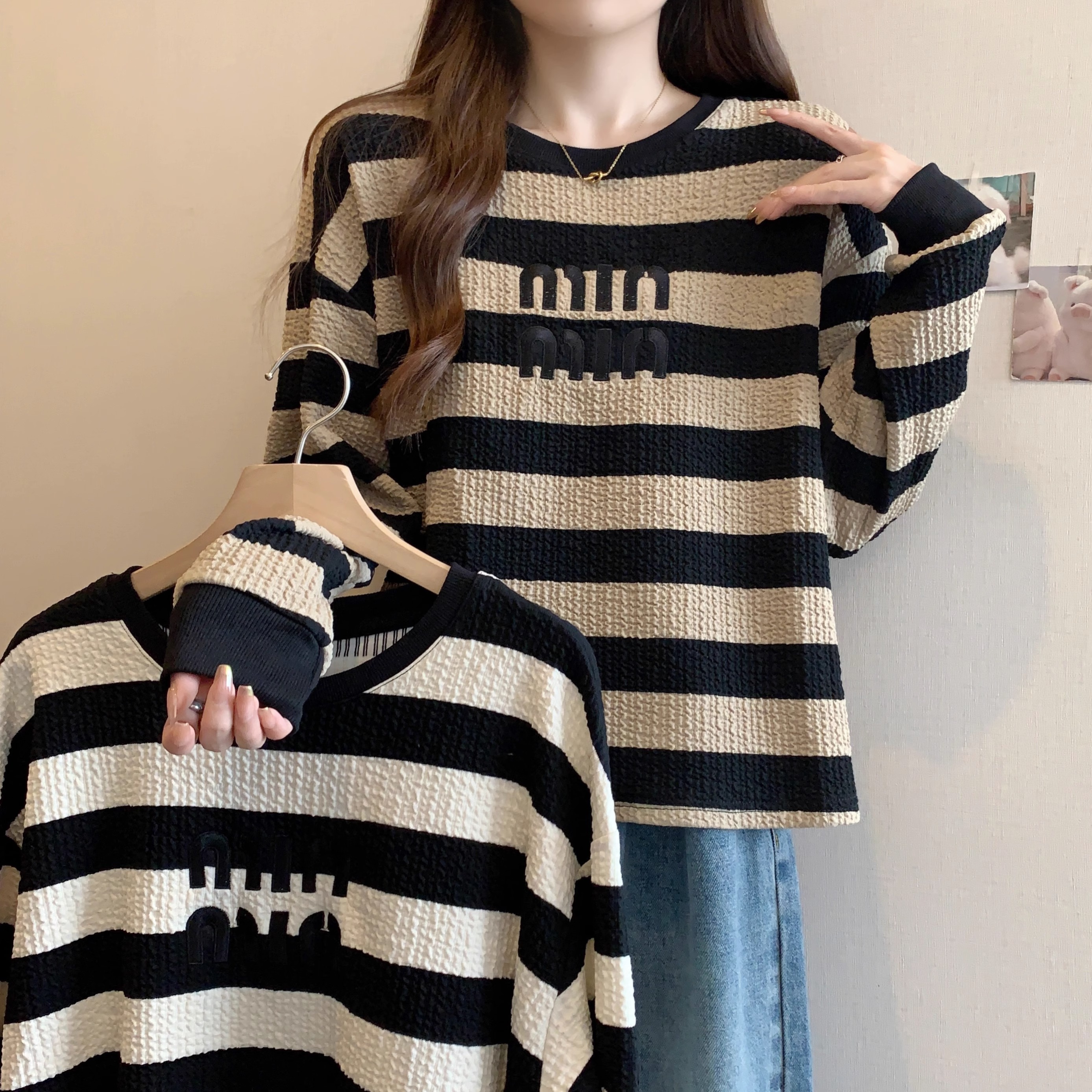 官圖 條紋衛衣女大碼女裝2023年顯瘦圓領歐貨長袖T恤正肩上衣