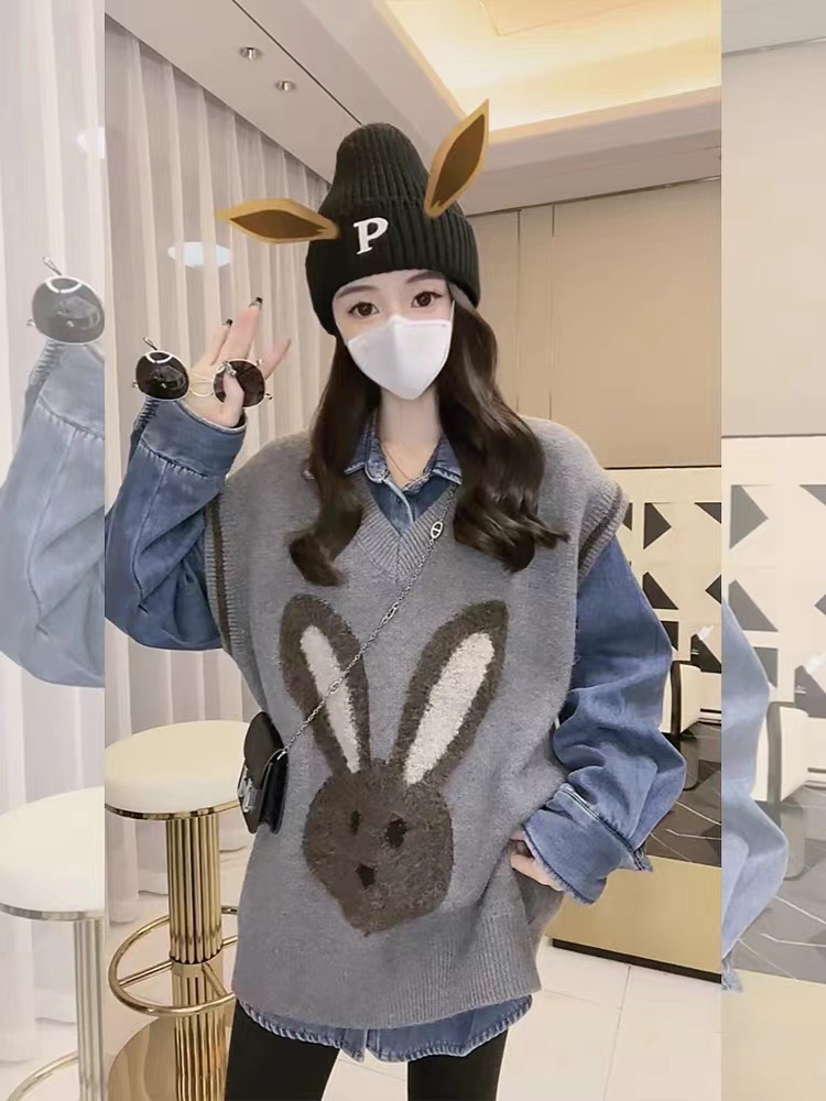 歐貨秋冬Polo領長袖中長款寬鬆牛仔襯衫無袖針織衫時尚兩件套裝女