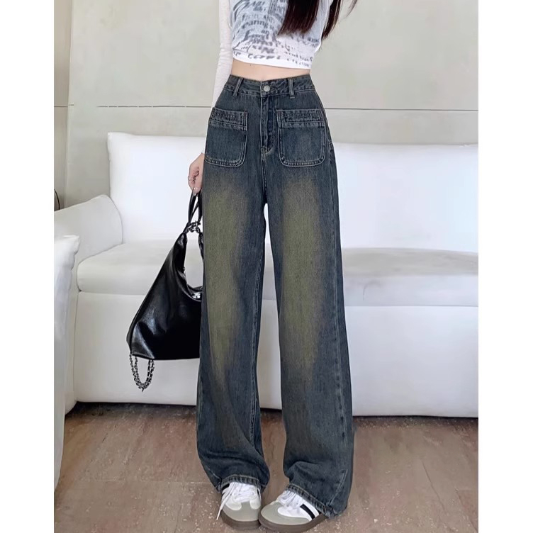 復古水洗做舊直筒牛仔褲女秋季新款高腰寬鬆顯瘦闊腿拖地長褲子潮