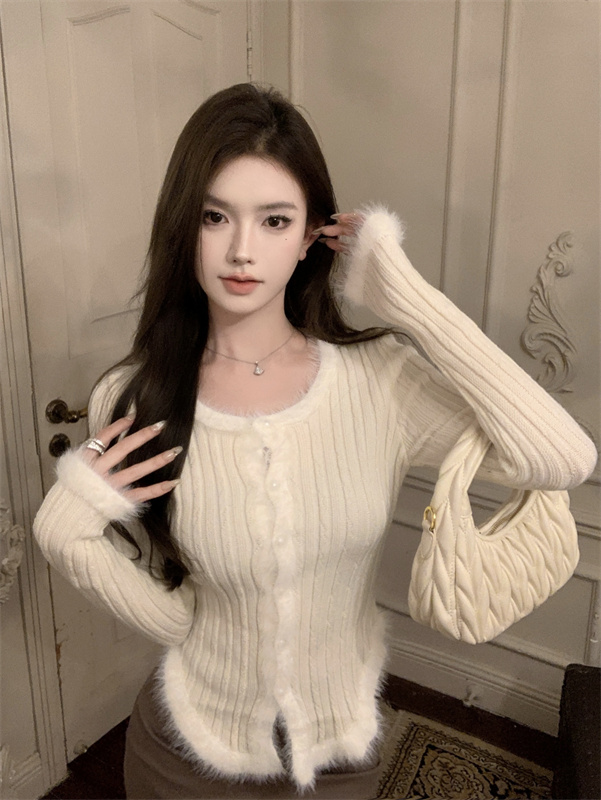 實拍～美式辣妹長袖短款針織衫女拼接毛絨軟糯修身百搭毛衣上衣