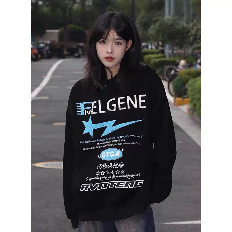 美式潮牌ins高街長袖T恤男女春秋季字母星星印花寬鬆情侶打底上衣