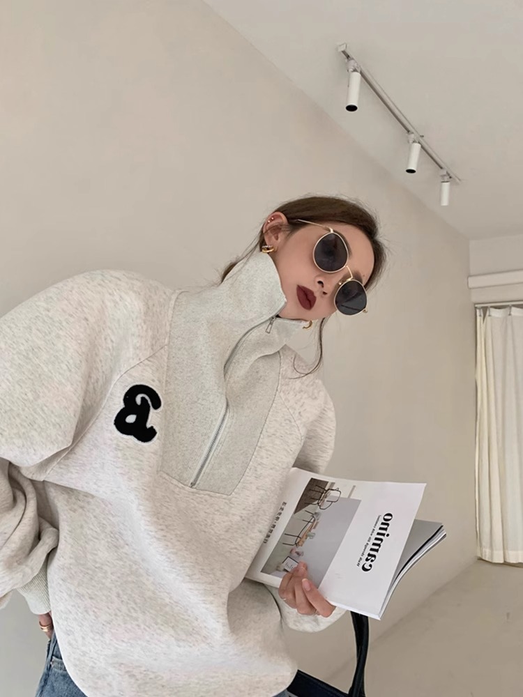 設計感半拉鏈立領字母衛衣女秋冬新款韓版時尚寬鬆大碼慵懶風上衣