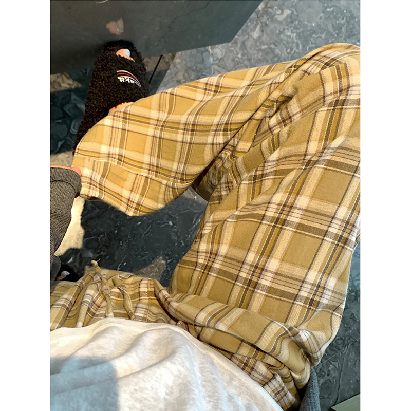 美拉德風休閒褲女秋冬高腰直筒闊腿褲子紅色格子遛彎褲長褲