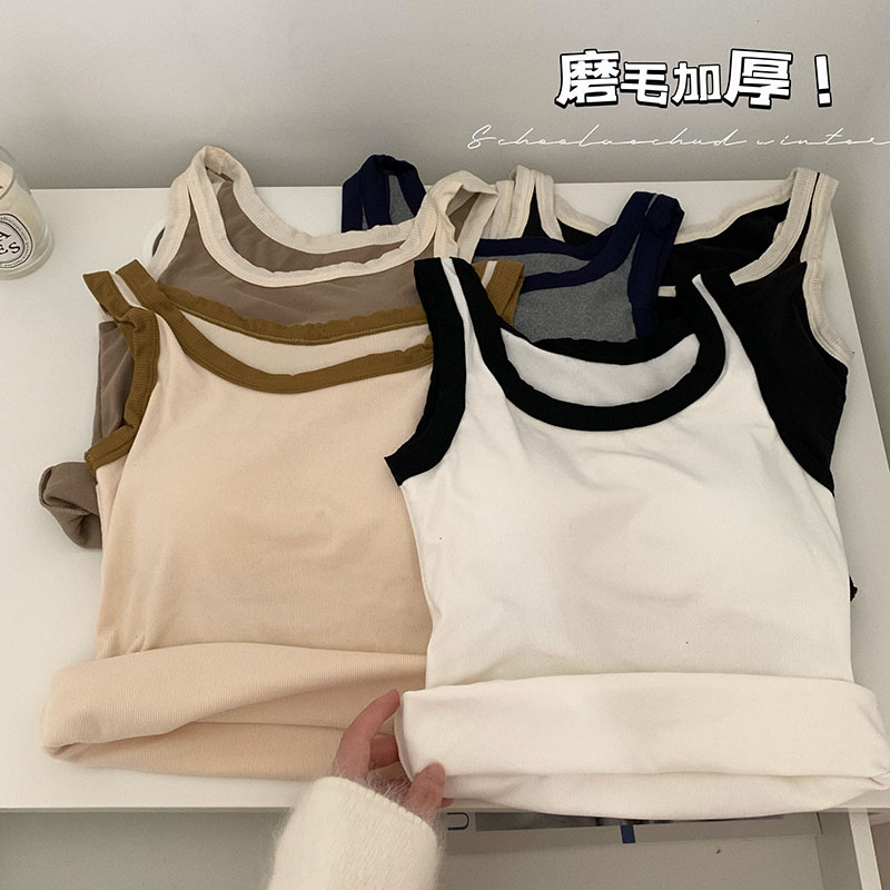 實拍 秋冬辣妹純欲風磨毛加厚保暖拼色內搭打底背心女外穿