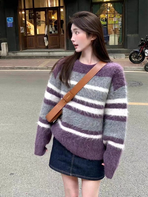 今年流行的漂亮毛衣女2023年秋冬新款溫柔風鹽系條紋針織衫上衣潮