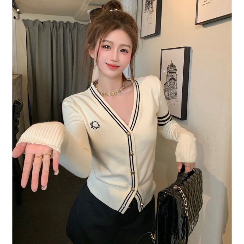 v領氣質學院風撞色針織開衫女秋季寬鬆長袖外搭修身正肩外套上衣