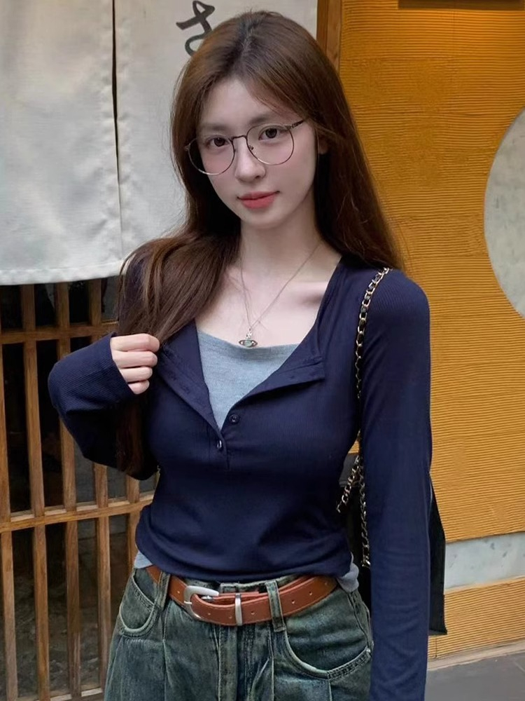 Fake two-piece long-sleeved t-shirt for women 2023 new early autumn inner layering shirt slim fit short top autumn and winter