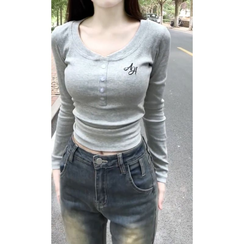 260克隨心裁1*1美式辣妹灰色正肩長袖t恤女春秋短款修身顯瘦