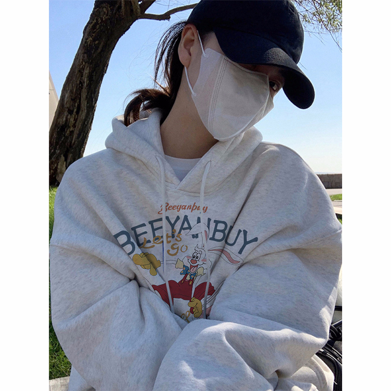 秋冬季新款加絨加厚保暖韓版寬鬆印花連帽衛衣女潮上衣冬裝