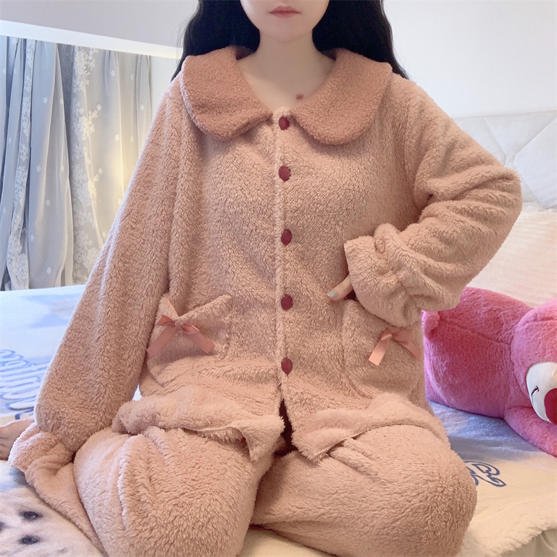 實拍~粉色拼接珊瑚絨可外穿睡衣女冬季加絨加厚睡褲套裝