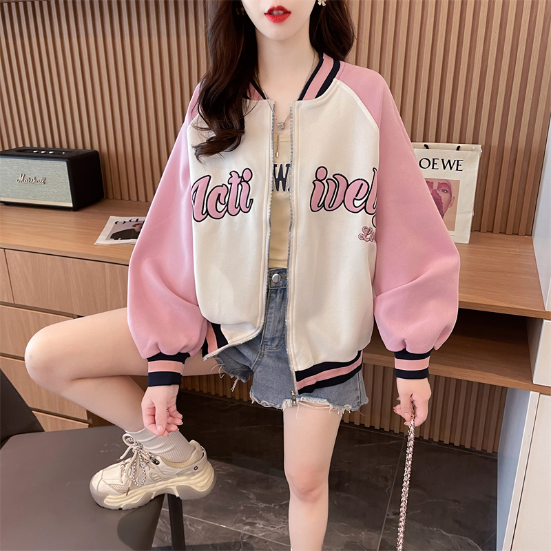 實拍 寬鬆立領棒球服外套女春秋設計感小眾撞色拼接卡通印花開衫