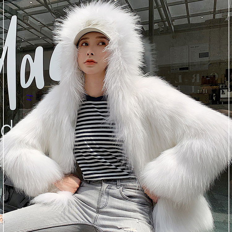 2023 hooded raccoon fur woven fur coat women's short long-sleeved fur coat winter Internet celebrity imitation fox fur trend
