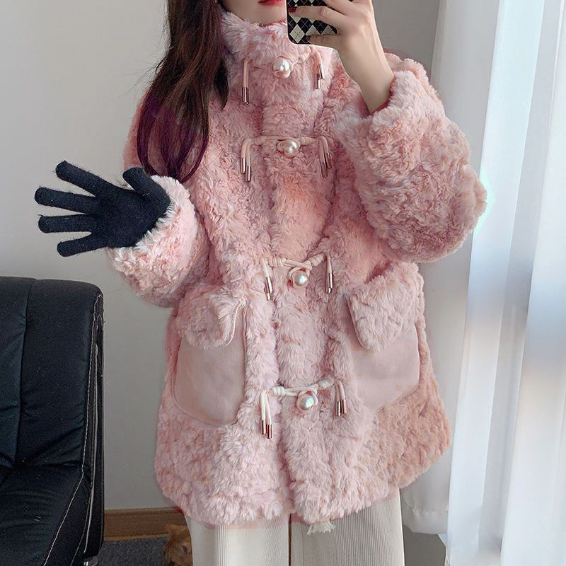 Lamb plush fur all-in-one coat for women winter new Korean style imitation fur mid-length thickened coat