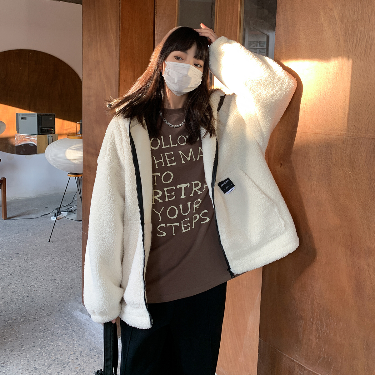 官圖顆粒絨380克原版質量 貼布羊羔毛連帽外套女