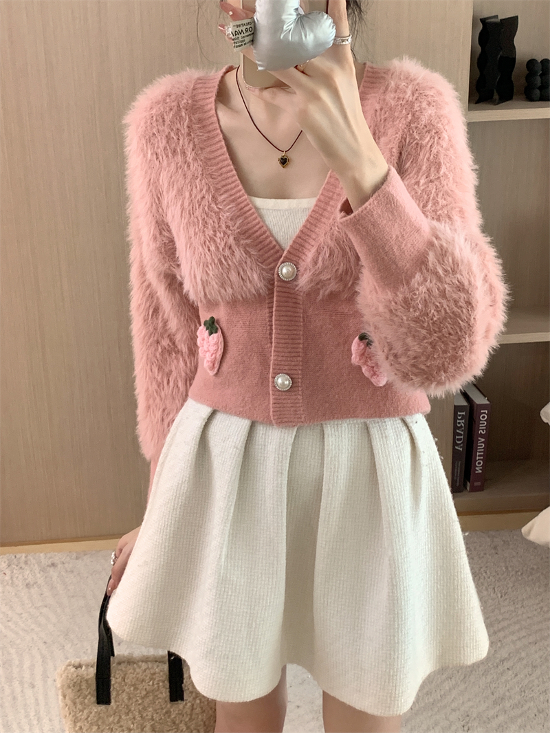實拍 奶fufu水貂絨毛衣外套女2023秋冬慵懶風上衣小個子針織開衫