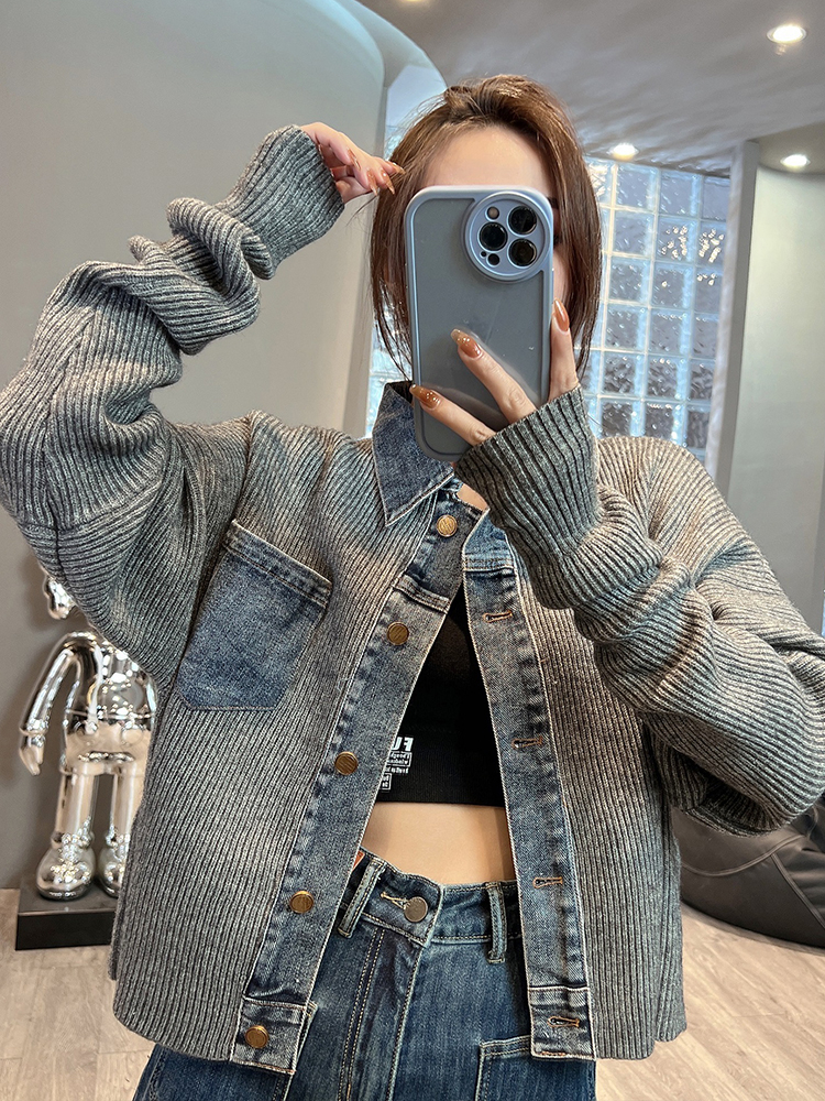 Quality Retro Denim Splicing Knitted Jacket Women's Niche Jacket Top