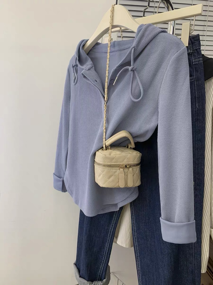 Blue long-sleeved knitted pullover hooded sweatshirt for women spring and autumn niche small hoodie thin top autumn new style
