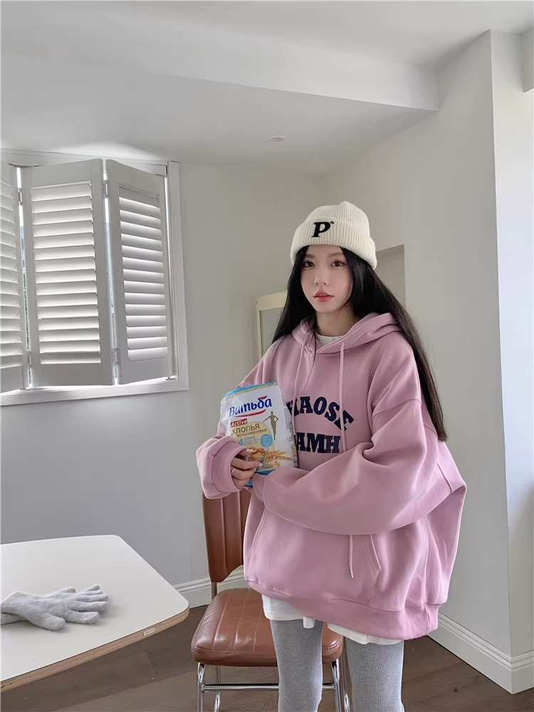 美式復古字母印花長袖連帽衛衣女裝秋季寬鬆休閒百搭上衣