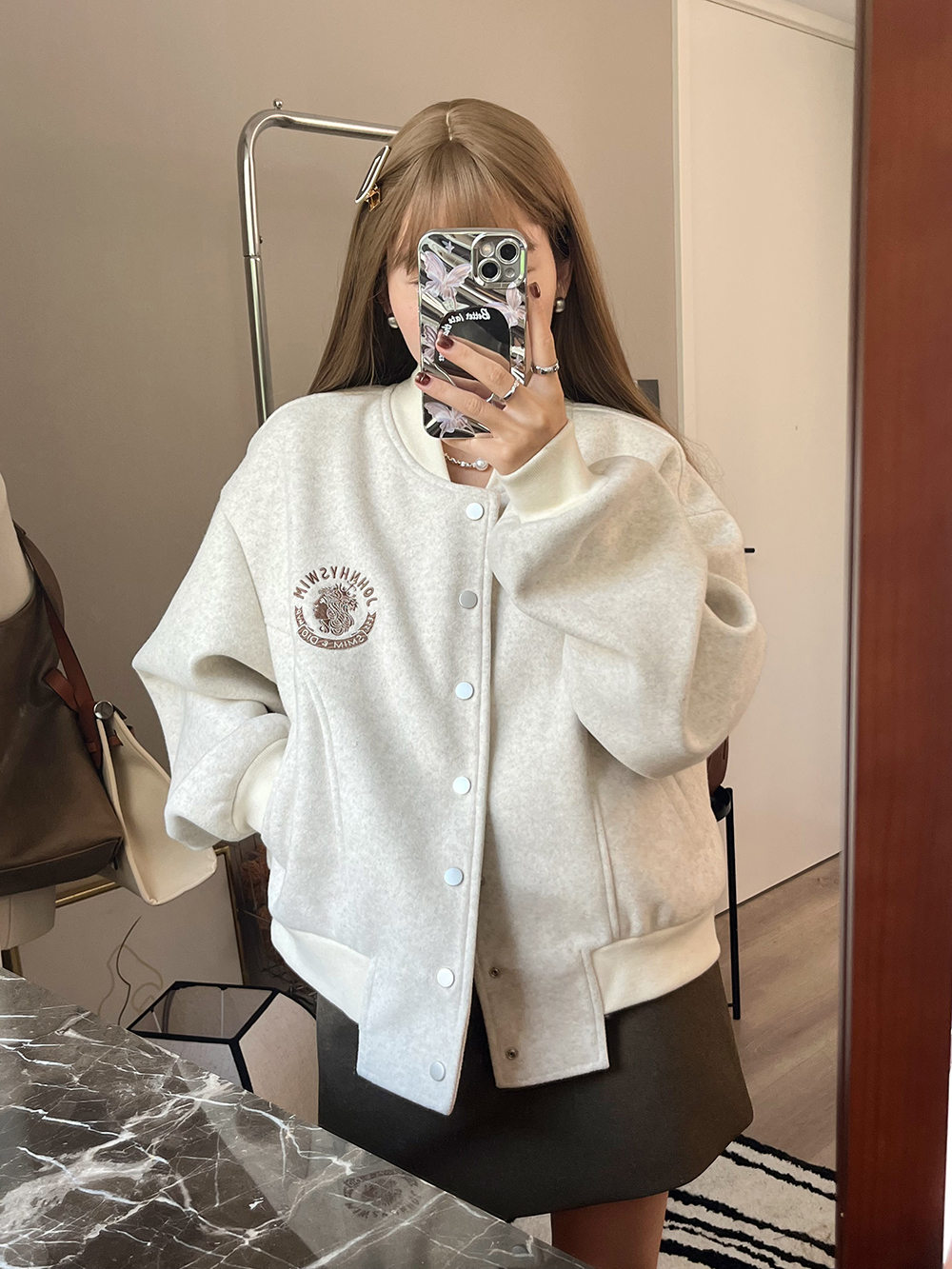 hey joy純色短款毛呢棒球服女時髦寬鬆顯瘦秋季外套