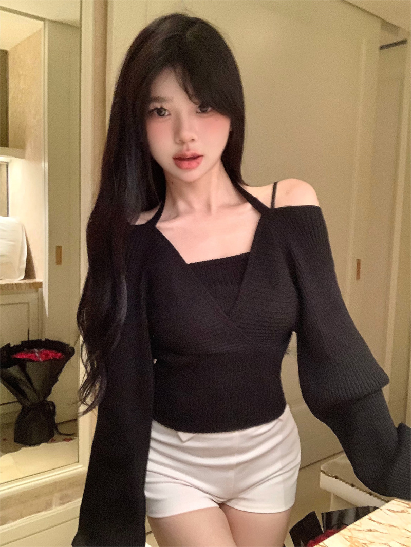 實拍 假兩件純欲針織衫女設計感小眾短款外搭長袖毛衣
