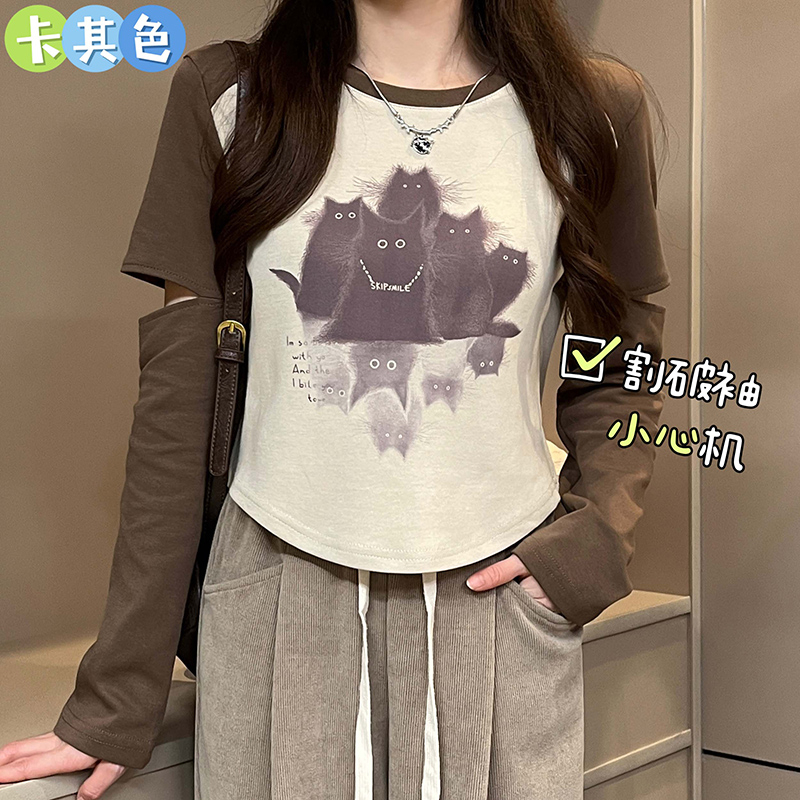 大碼女裝今年流行漂亮小衫割破長袖t恤秋季顯瘦遮肉獨特别致上衣