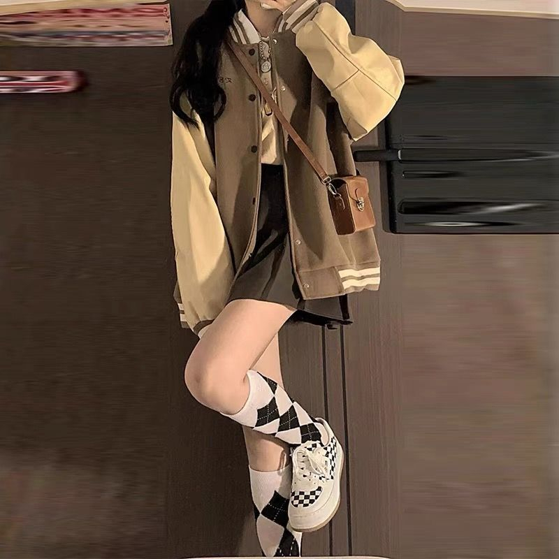夾棉內里美式復古棕色棒球服女春秋新款vintage學夾克外套