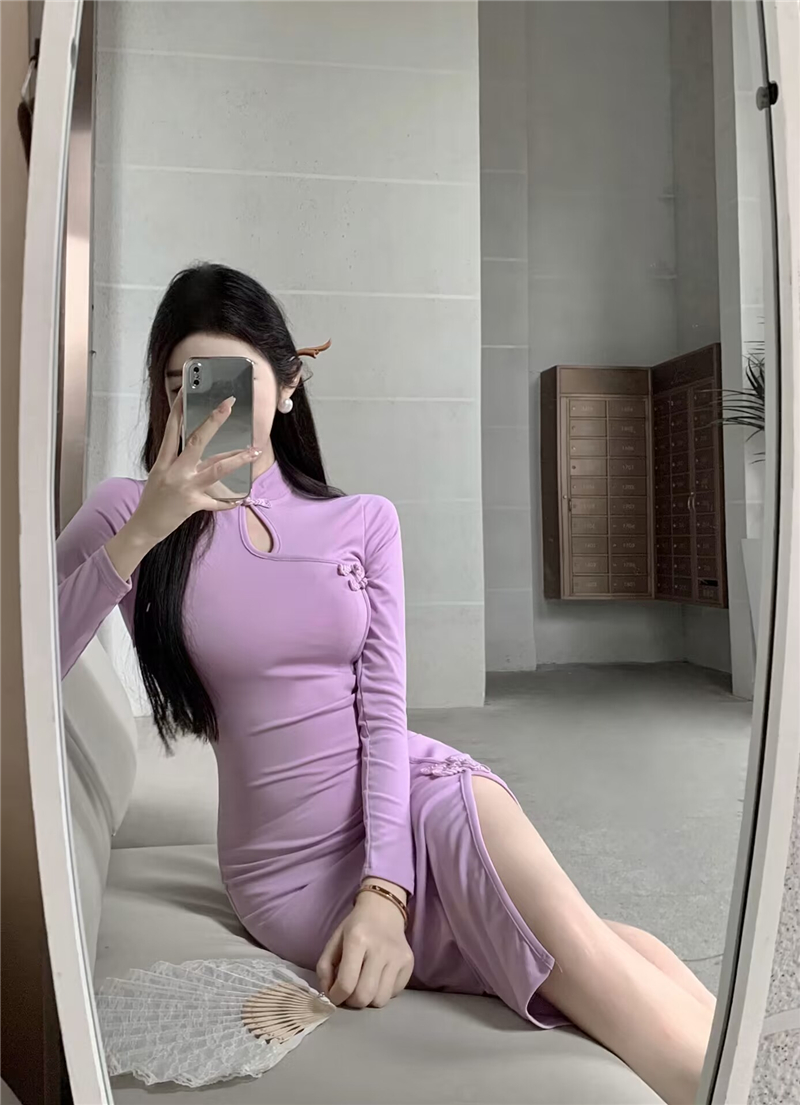 實拍新中式復古改良版旗袍連衣裙春秋季溫柔顯瘦包臀開叉中長裙子