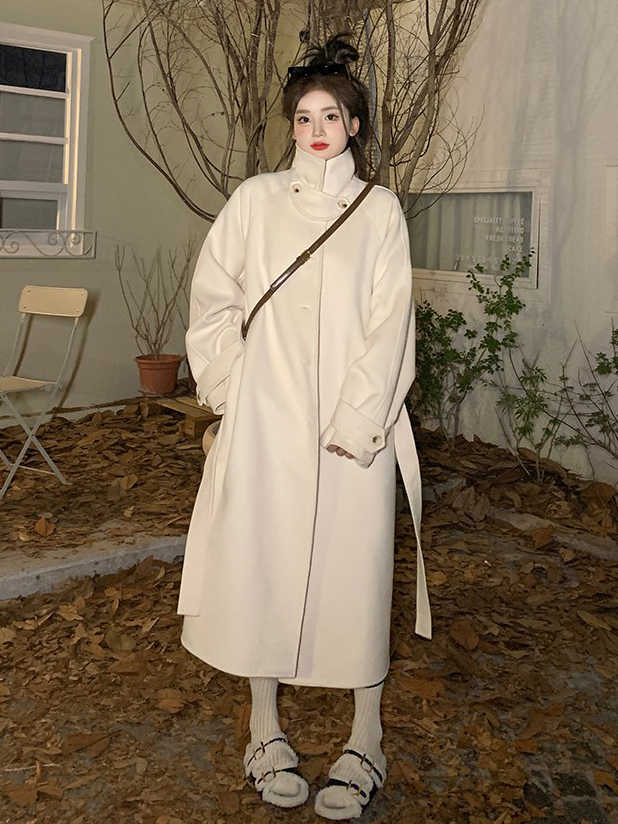 毛呢外套女中長款2023秋冬裝新款流行赫本風韓版寬鬆加厚呢子大衣