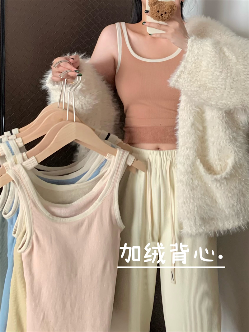 實拍秋冬加絨背心保暖撞色小香風帶胸墊吊帶打底上衣