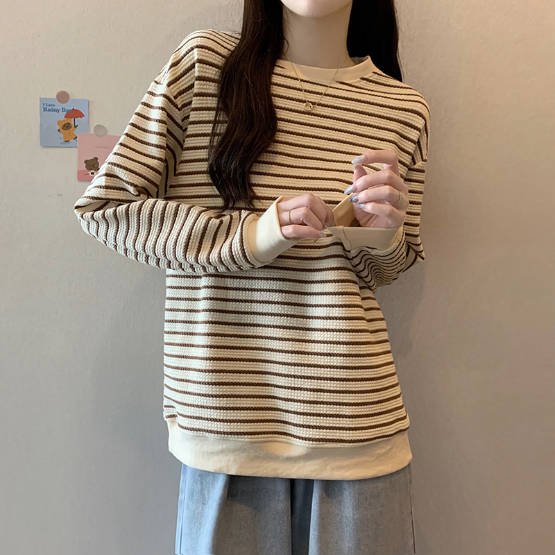 實拍 泡芙格衛衣女春秋薄款韓版圓領條紋長袖t恤上衣大碼女裝