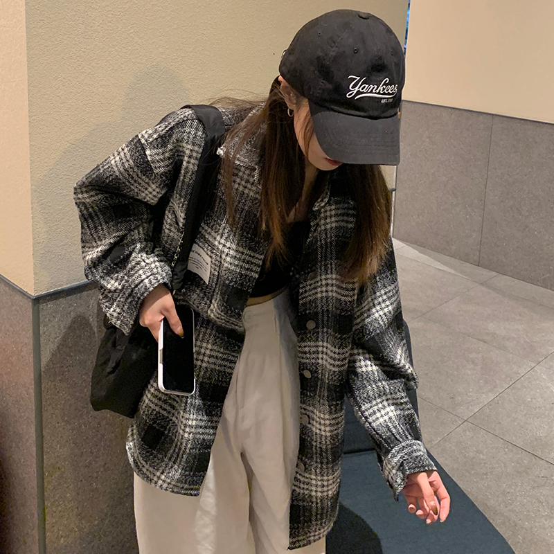 實拍 新款港風復古格子襯衫加厚外套女秋冬寬鬆襯衣POLO領上衣潮