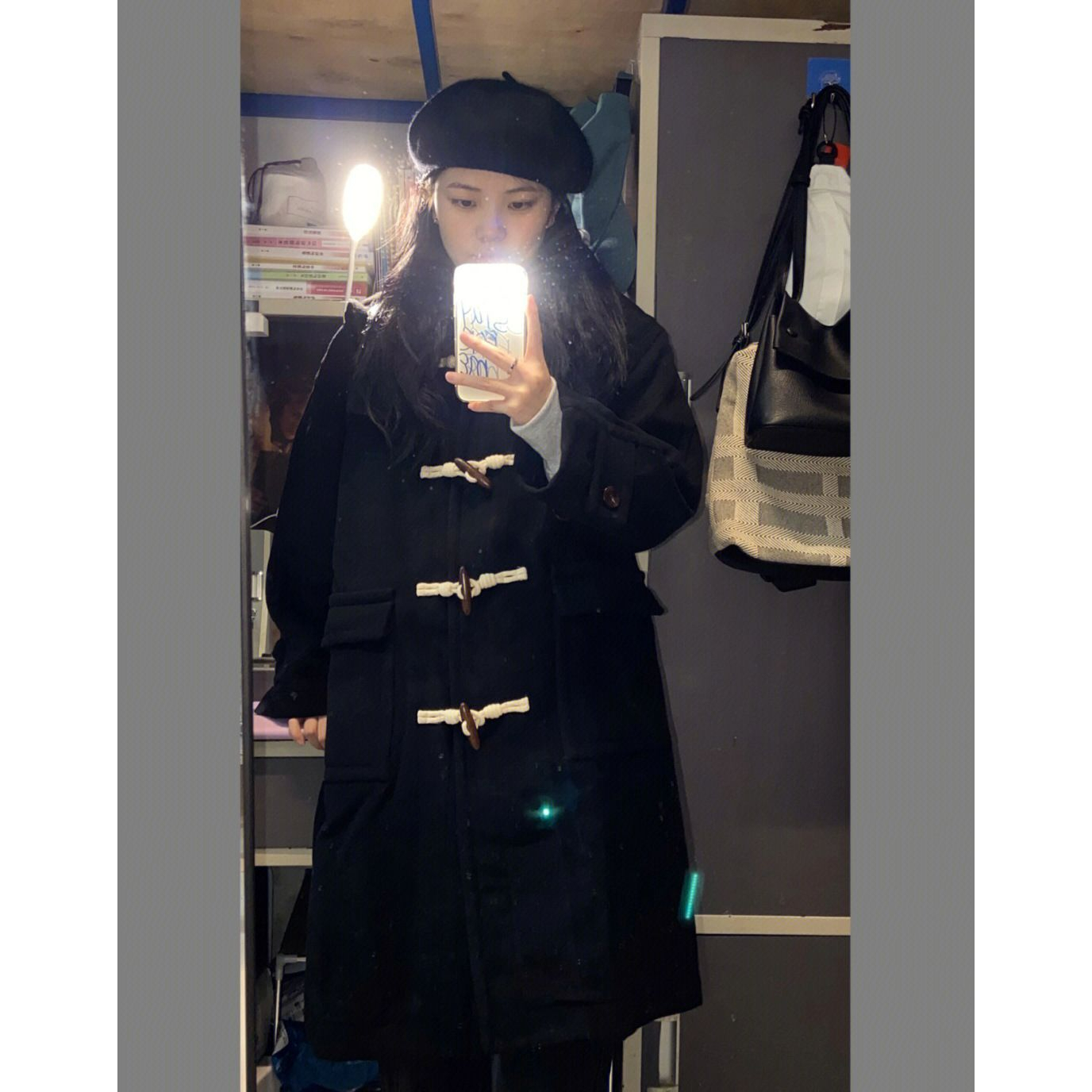 日系連帽黑色牛角扣大衣女冬季小個子中長款寬鬆韓版過膝毛呢外套