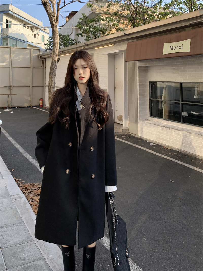 實拍~韓版寬鬆小個子雙面羊絨大衣女中長款赫本風羊毛呢外套
