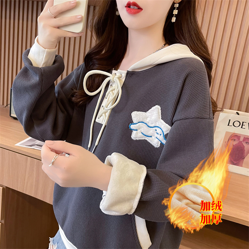 實拍 冬裝加絨加厚華夫格貝貝絨撞色連帽刺繡衛衣寬鬆外套女