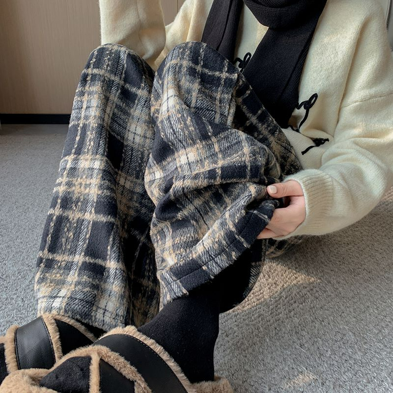 Original 280g woolen woolen plaid woolen wide-leg pants for women autumn and winter new high-waisted drawstring walking pants