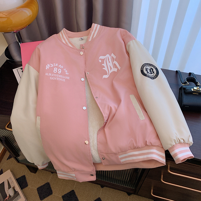 美式復古加厚加絨棒球服男女寬鬆2023秋冬情侶款印花拼色夾克外套
