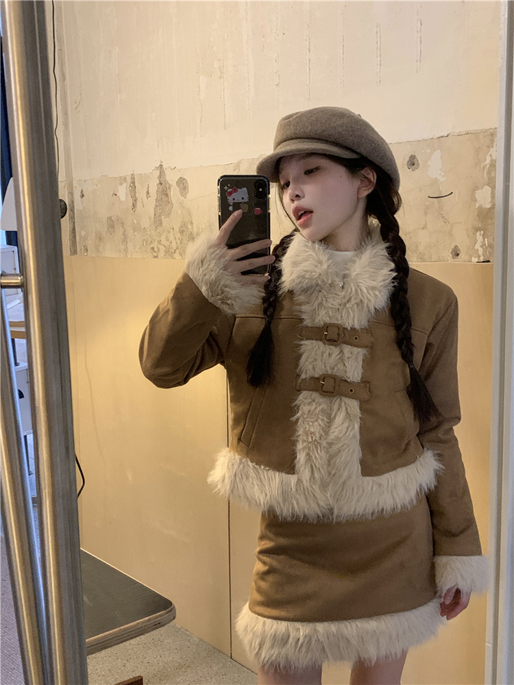 實拍~美拉德千金風毛領鹿皮外套半身裙套裝女