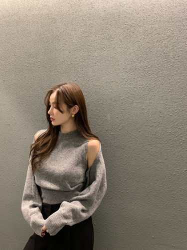 韩国chic秋季复古简约无袖背心+毛衣披肩开衫两件套装