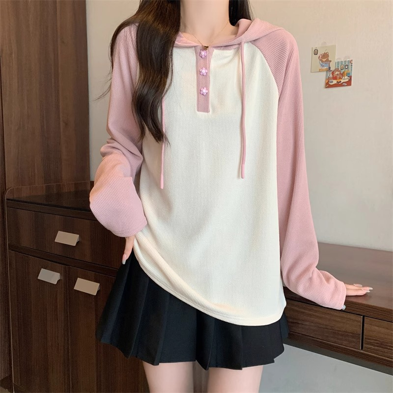 Original plus size women's 2023 autumn new French hooded sweatshirt for fat girls to look slim and sweet long-sleeved top