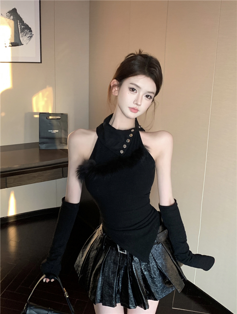 實拍 不規則毛毛拼接T恤女小心機設計感修身打底衫袖套上衣