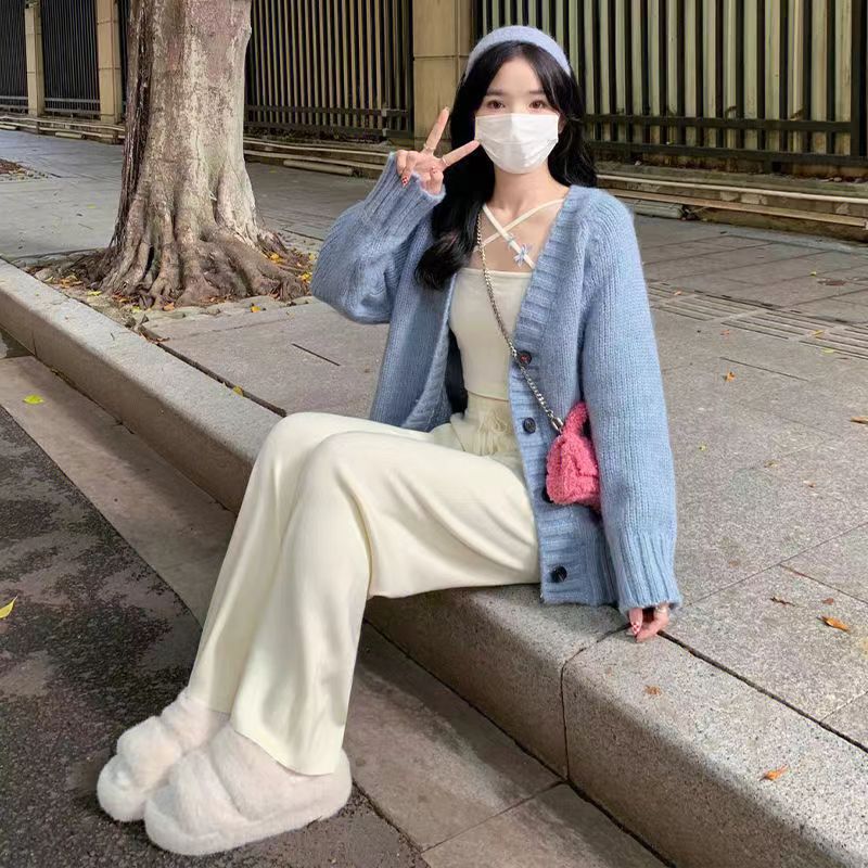 秋冬季新款慵懶高級感藍色針織開衫女韓系V領毛衣外套+闊腿褲套裝