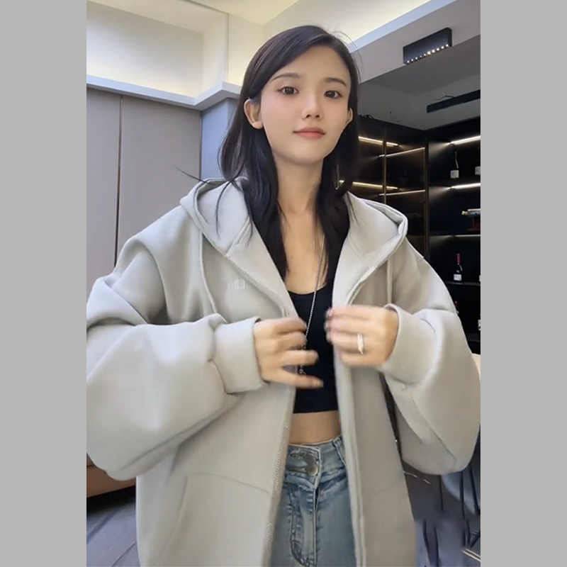 美式灰色長袖連帽衛衣女春秋季2023新款oversize寬鬆潮牌外套上衣
