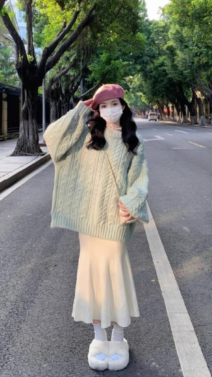 圓領加厚麻花毛衣女秋冬寬鬆外穿慵懶風設計感小眾保暖針織衫上衣