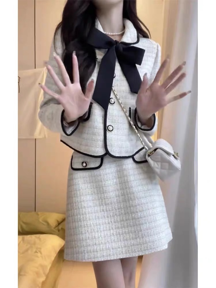 小香風套裝裙女高級感氣質名媛洋氣蝴蝶結短款外套半身裙兩件套