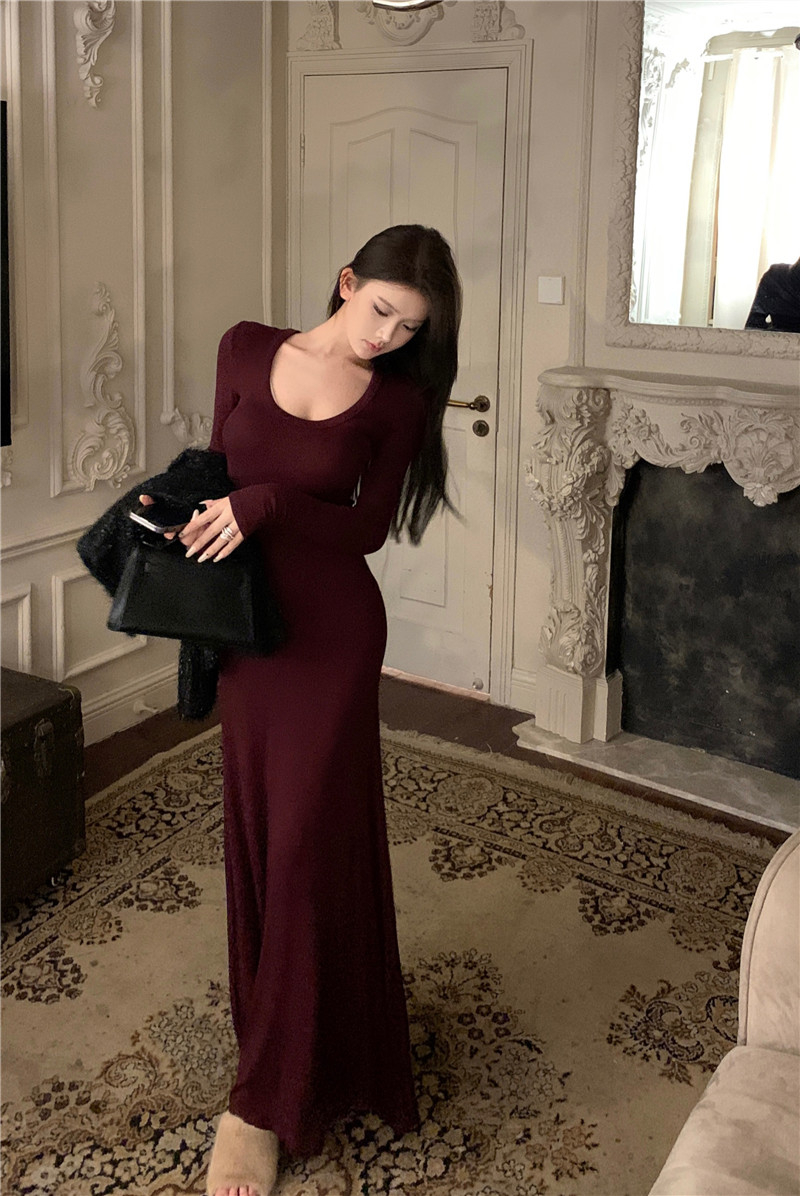 性感辣妹低U領緊身長袖連衣裙女顯身材垂感顯瘦純欲包臀魚尾長裙